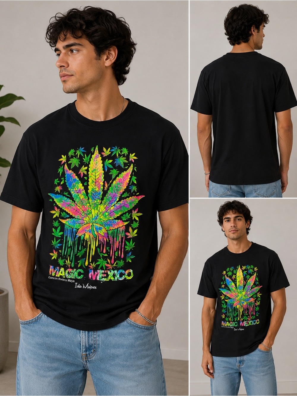 Express  T-Shirt - Black with Colorful Leaf Design Unisex